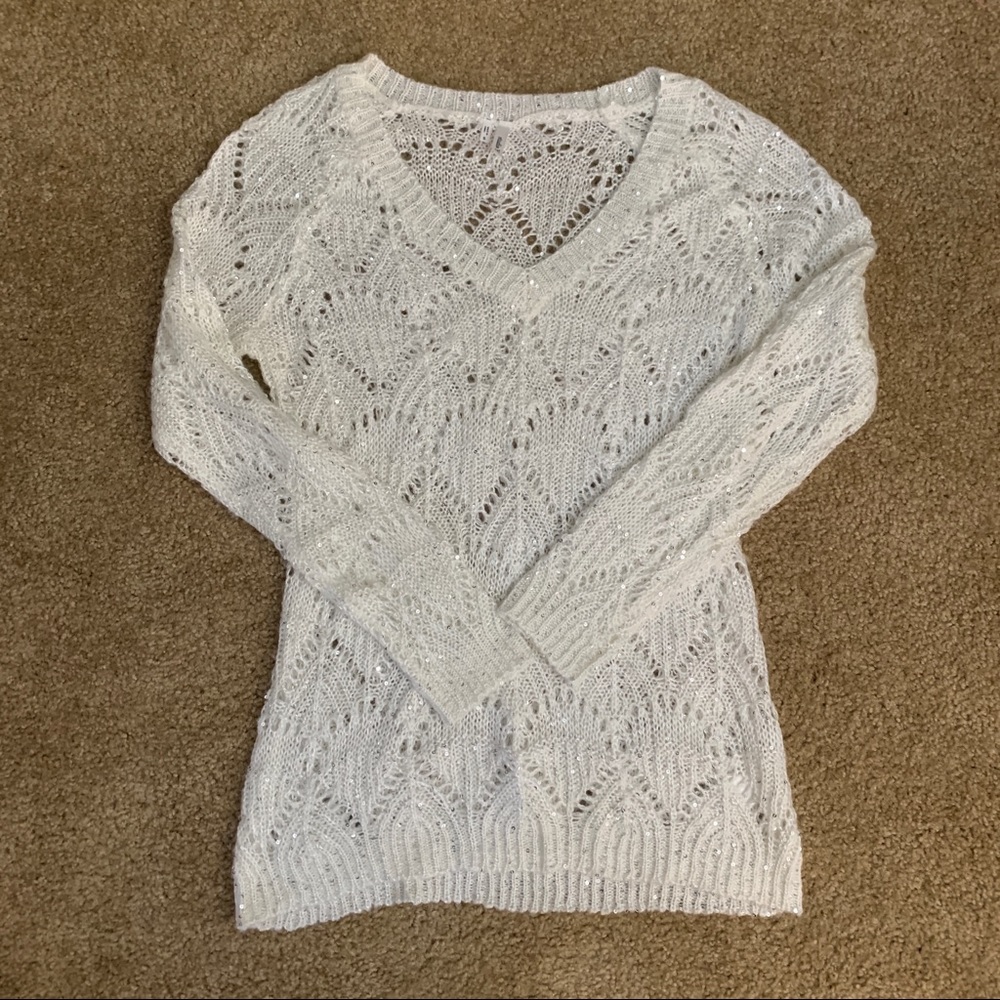 White Sweater w/ Silver Sequins Throughout. Size S